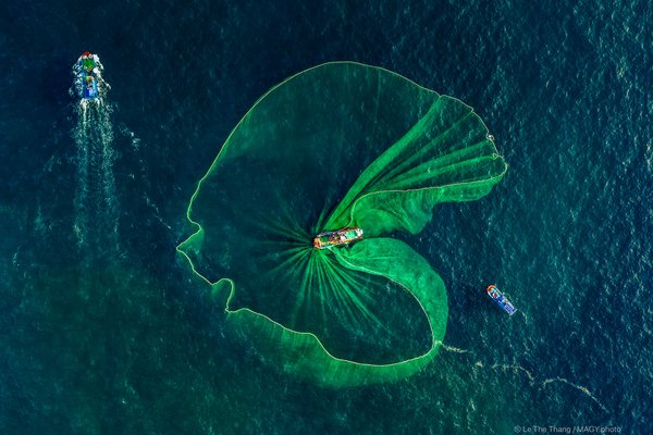 Bức ảnh chụp toàn cảnh trên không cho thấy hoạt động đánh cá cơm truyền thống tại vùng biển Phú Yên với các tàu cá và lưới đánh cá lớn. Hình ảnh mang lại cảm giác bình yên và tôn vinh nét đẹp lao động truyền thống của ngư dân Việt Nam.