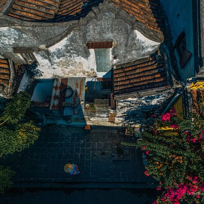 Ảnh chụp từ trên cao cho thấy mái nhà và đường phố trong khu phố cổ Hội An với cây hoa nở rực rỡ. Bức ảnh mang lại cảm giác hoài niệm và truyền tải nét đẹp kiến trúc truyền thống cùng cuộc sống thường nhật.
