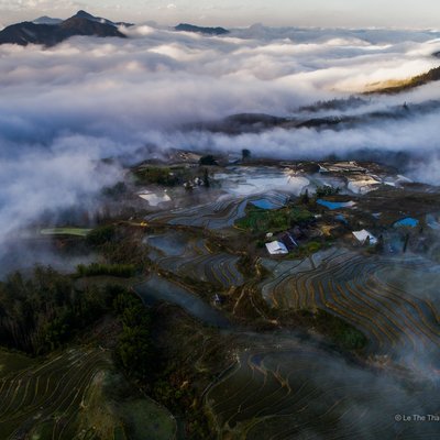 Bức ảnh chụp toàn cảnh trên cao của vùng cao nguyên Sa Pa với ruộng bậc thang và sương mù bao phủ vào buổi sáng. Cảnh quan mang lại cảm giác yên bình và huyền ảo với ánh sáng nhẹ nhàng và màu sắc thiên nhiên tươi mát.