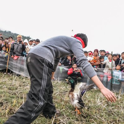 Bức ảnh chụp một người tham gia trò chơi dân gian bắt vịt trong lễ hội xuống đồng với nhiều người dân đứng xem xung quanh. Không khí lễ hội sôi động và đầy niềm vui trong cộng đồng nông thôn.