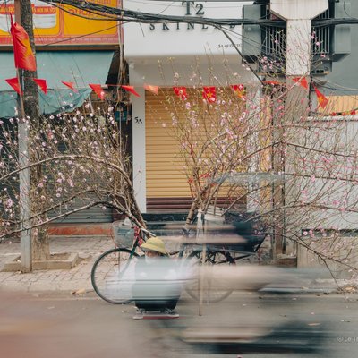 Bức ảnh chụp cảnh một người bán hoa đào ngồi bên cạnh xe đạp trên đường phố Hà Nội, xung quanh có các cành hoa đào và cờ đỏ sao vàng. Không khí trong ảnh mang lại cảm giác yên bình và tĩnh lặng giữa sự chuyển động mờ ảo của các phương tiện qua lại.