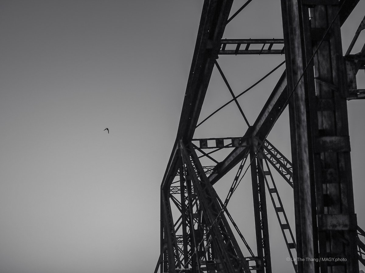 Hình ảnh thể hiện phần cấu trúc kim loại của cầu Long Biên với bầu trời rộng lớn phía sau và một con chim bay. Ảnh tạo cảm giác yên bình và tĩnh lặng, nhấn mạnh vẻ đẹp kiến trúc và không gian mở.