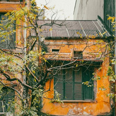 Bức ảnh chụp một căn nhà cũ với tường vàng và cửa sổ xanh, có cây xanh mọc trước nhà. Cảnh vật mang lại cảm giác hoài niệm và yên bình giữa không gian đô thị.