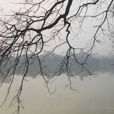 Hình ảnh chụp Hồ Gươm với cành cây trơ trụi phủ sương mù vào buổi sáng mùa đông. Cảnh vật tạo cảm giác mờ ảo, yên tĩnh và có phần u buồn.