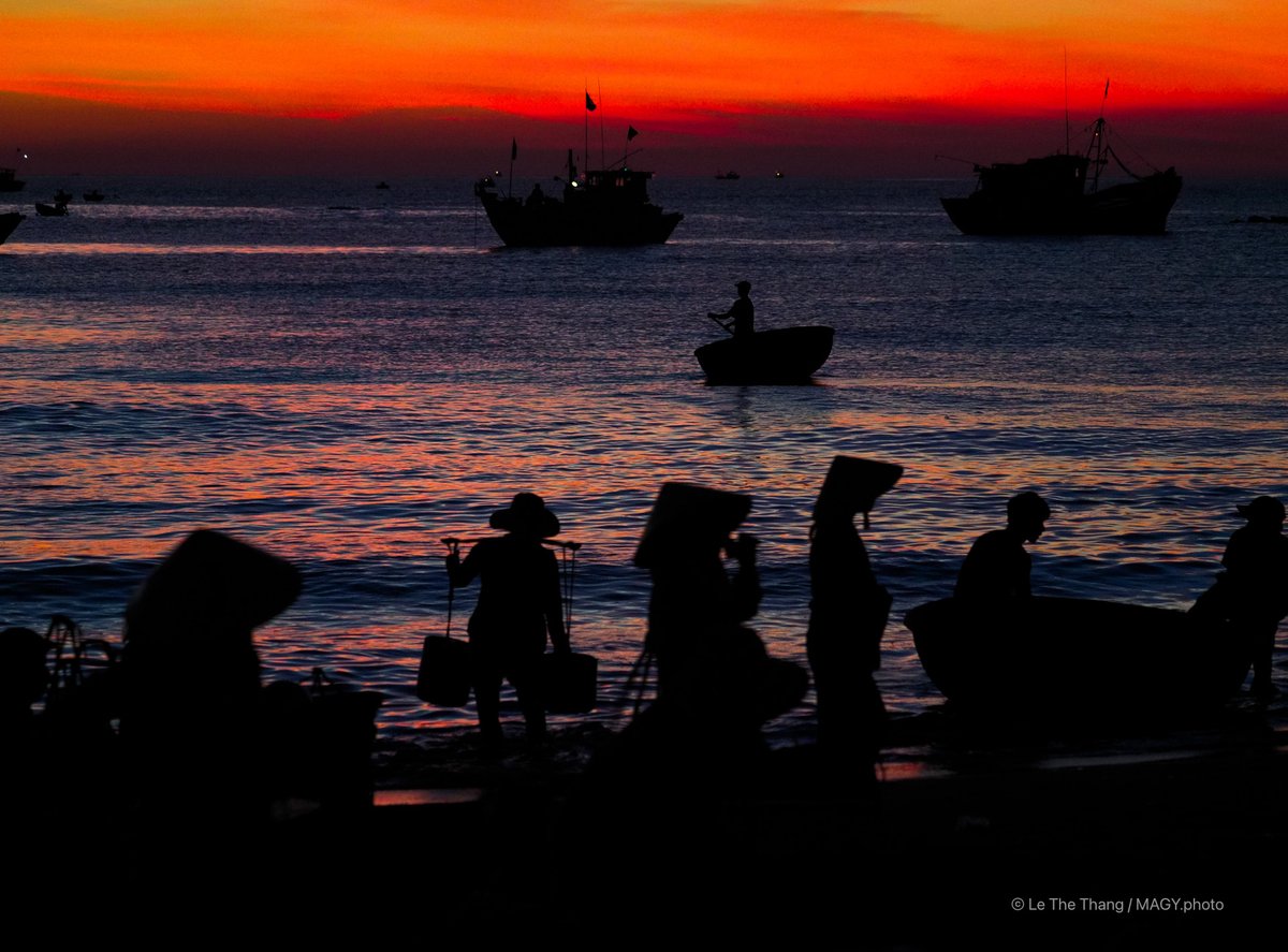 Hình ảnh chợ cá Tam Tiến tại Quảng Nam vào lúc hoàng hôn, với các bóng người và thuyền trên biển. Cảnh vật tạo cảm giác yên bình và truyền tải nét đẹp của cuộc sống ngư dân miền Trung.