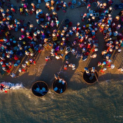 Hình ảnh chợ cá Tam Tiến tại Quảng Nam với nhiều người dân và thuyền thúng trên bãi biển. Không khí nhộn nhịp và sôi động thể hiện nét văn hoá truyền thống miền Trung Việt Nam.