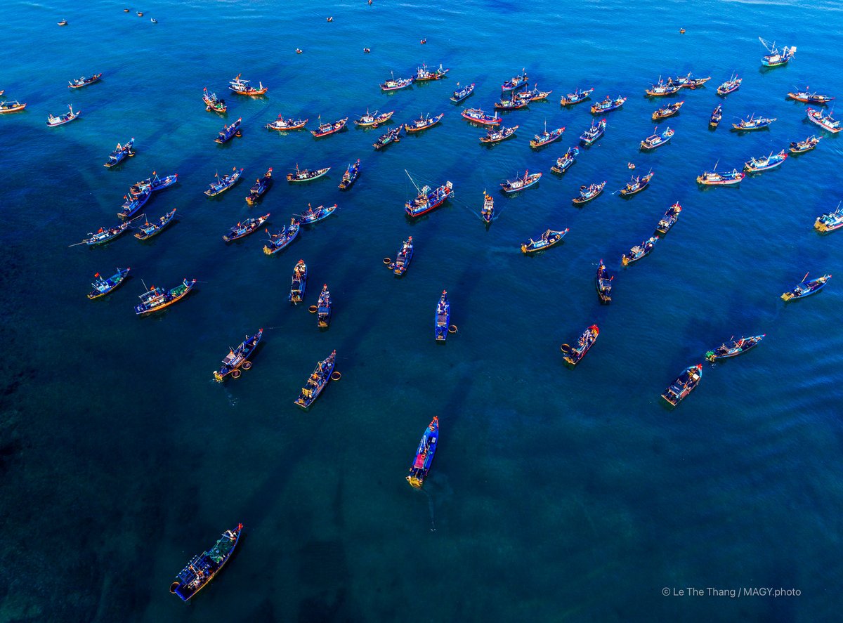 Ảnh chụp từ trên cao cho thấy nhiều tàu cá đang hoạt động trên biển tại chợ cá Tam Tiến, Quảng Nam. Cảnh tượng tạo cảm giác nhộn nhịp và sống động của một khu chợ truyền thống ven biển.