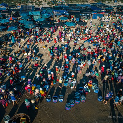 Hình ảnh chợ cá Tam Tiến ở Quảng Nam với nhiều người bán hàng và khách mua tấp nập trên bãi biển. Không khí sôi động và nhộn nhịp thể hiện nét văn hoá truyền thống miền Trung Việt Nam.