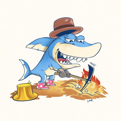 Minh họa cá mập đội mũ, mang ủng, dùng cuốc đào đất có lửa