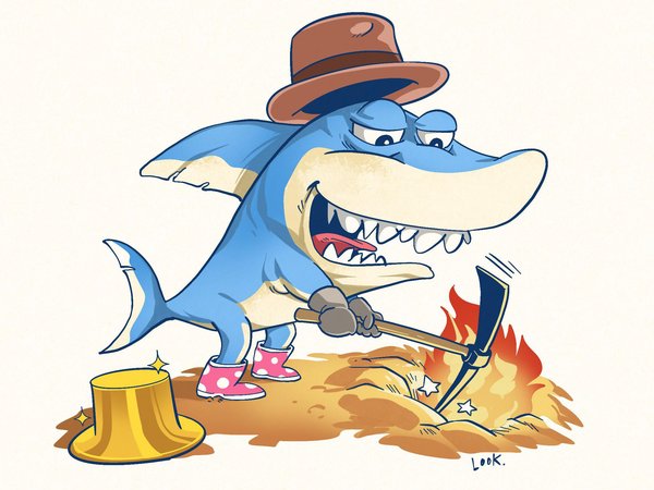 Minh họa cá mập đội mũ, mang ủng, dùng cuốc đào đất có lửa