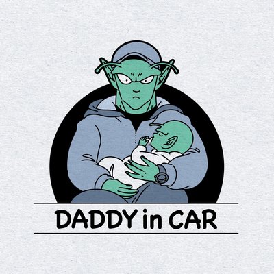 Minh hoạ phong cách hoạt hình về người cha xanh ôm em bé trong xe ô tô