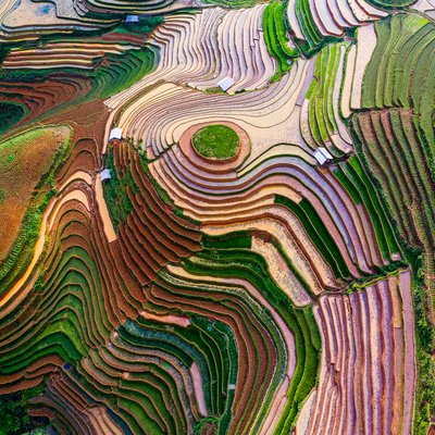 Hình ảnh chụp trên không của ruộng bậc thang Mu Cang Chải với các mảng màu xanh và nâu xen kẽ tạo nên cảnh quan đa sắc màu. Tổng thể mang lại cảm giác sống động và tràn đầy sức sống của vùng nông thôn Việt Nam.